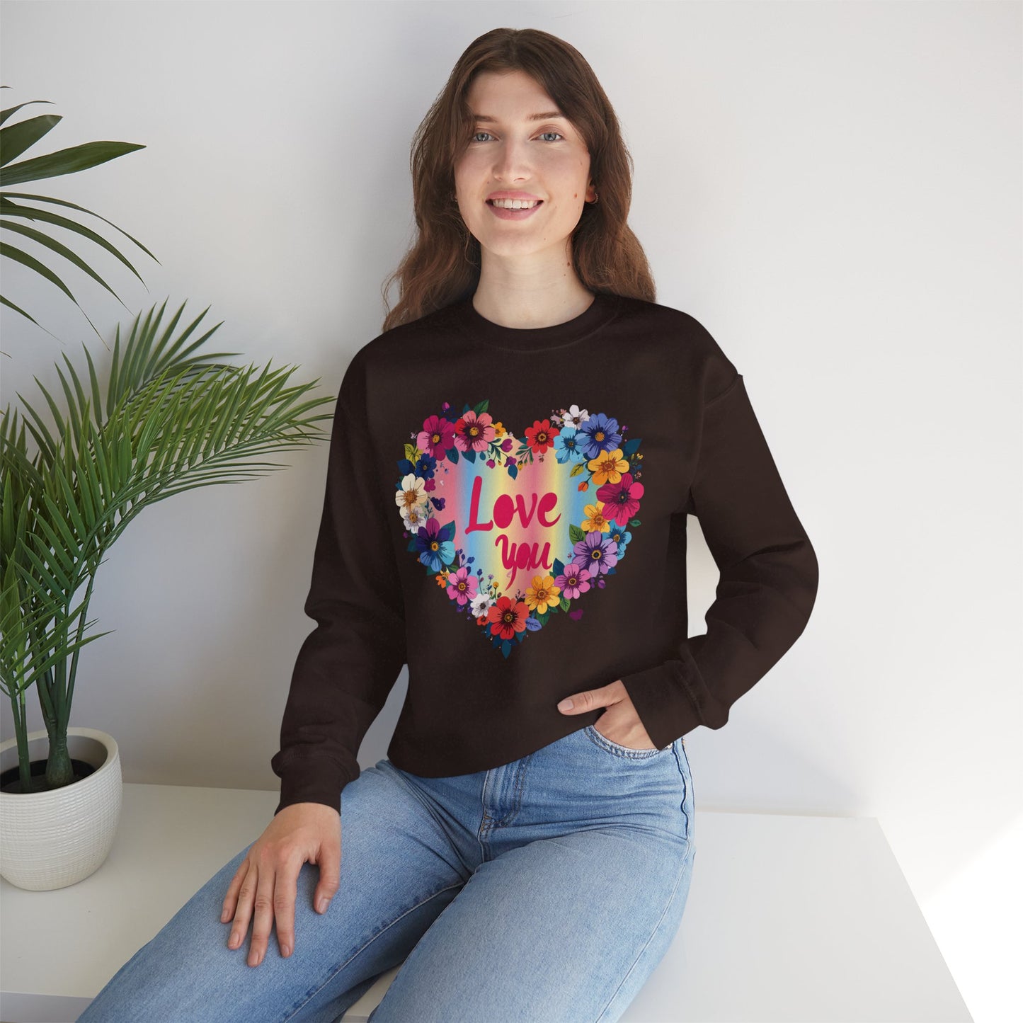 Valentines Day Floral Heart Sweatshirt Unisex Crewneck Floral Love You Gildan 18000 Heavy Blend