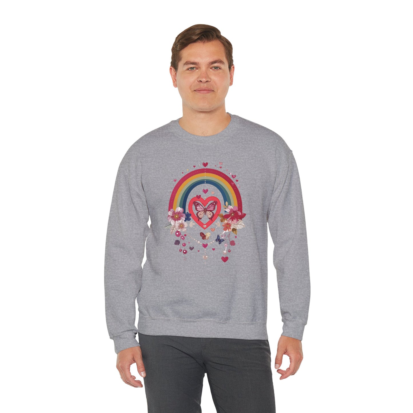 Rainbow Heart Floral Unisex Sweatshirt Crewneck Love Valentine's Day Graphic Gildan 18000
