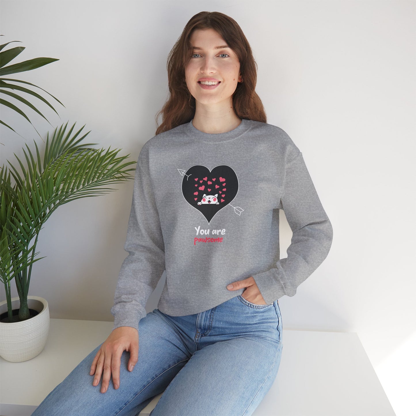 Cat Heart Sweatshirt Valentines Day Fifty Fifty Cotton Poly Unisex Crewneck Gift Idea