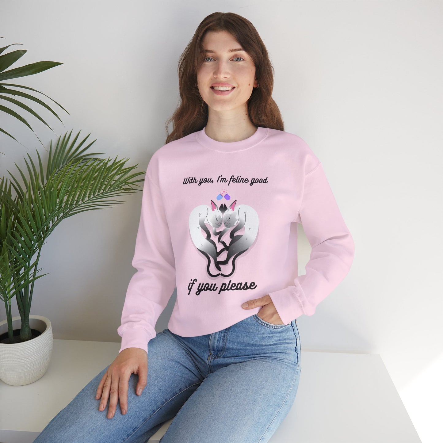 Double Cat Heart Sweatshirt Unisex Fifty Fifty Cotton Poly Valentines Day Sweatshirt