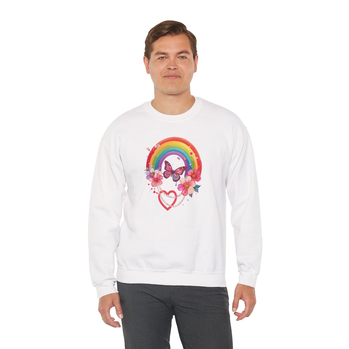 Rainbow Heart Floral Sweatshirt Unisex Valentines Day Love Gift Gildan 18000 Sweatshirt