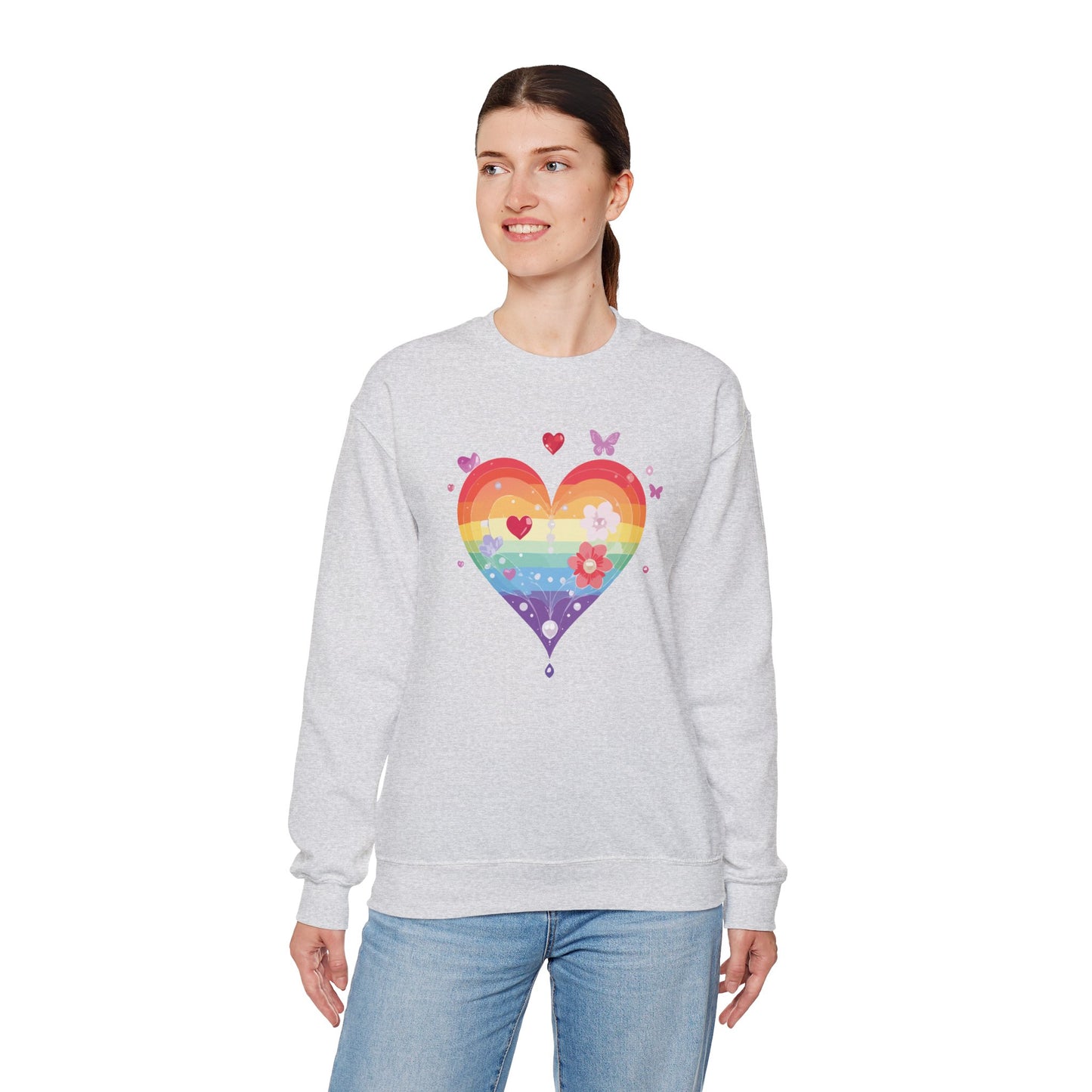Rainbow Heart Floral Sweatshirt Unisex Valentines Day Graphic Love Sweatshirt Gift Idea
