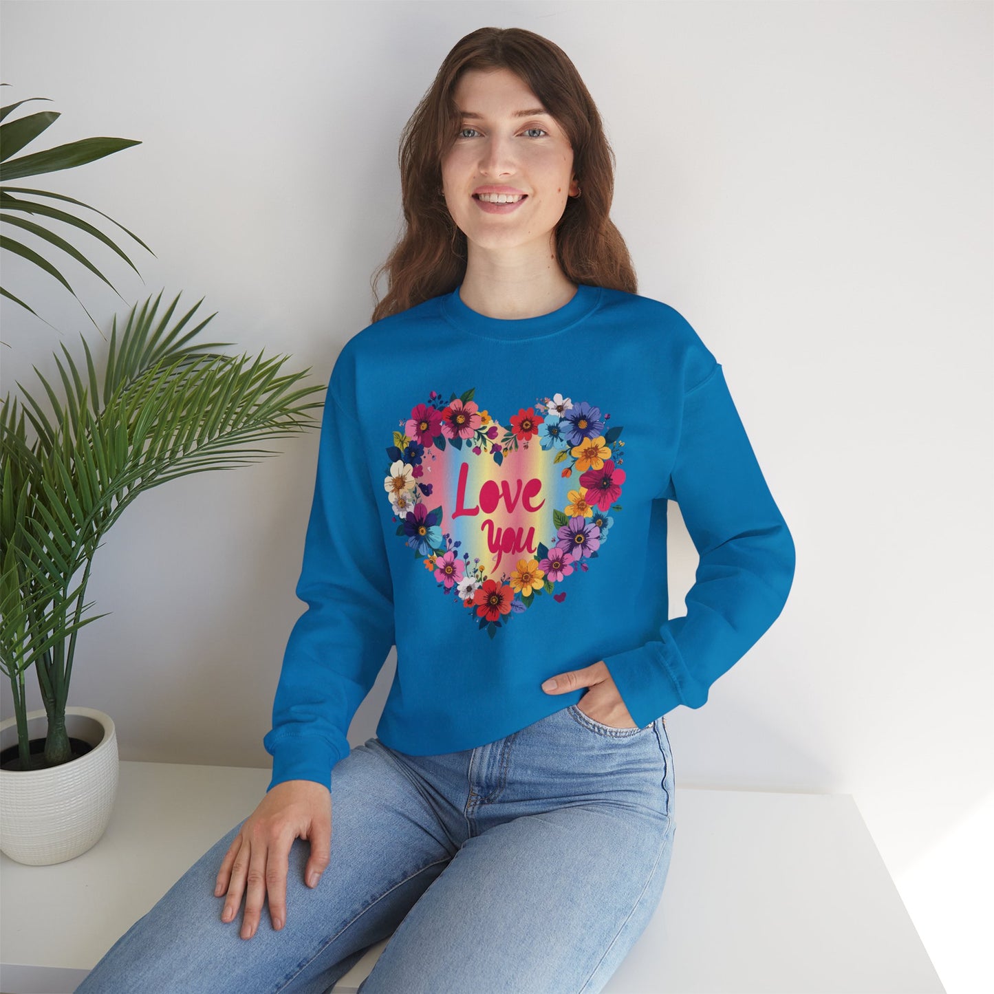 Valentines Day Floral Heart Sweatshirt Unisex Crewneck Floral Love You Gildan 18000 Heavy Blend