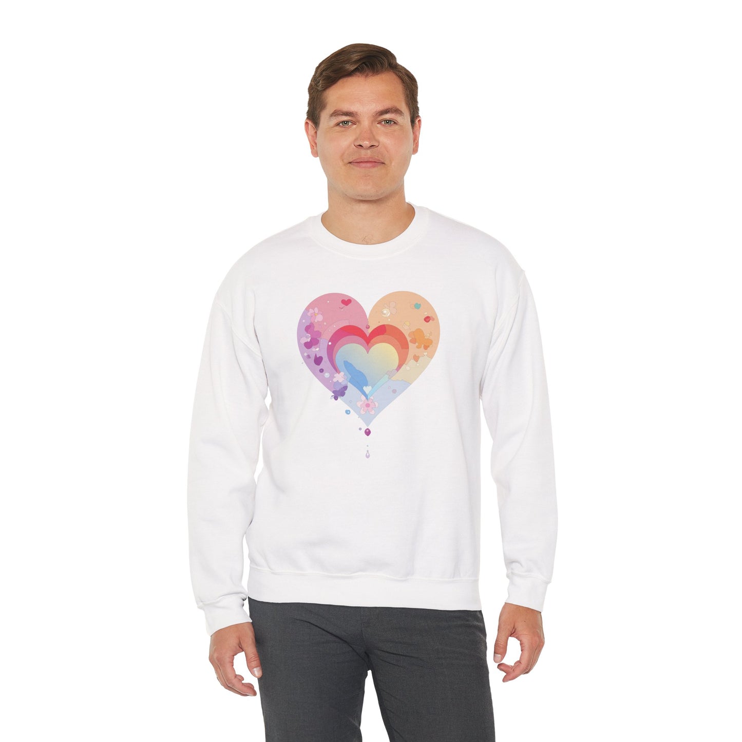 Rainbow Heart Floral Sweatshirt Unisex Valentines Day Gift Cozy Crewneck Sweatshirt