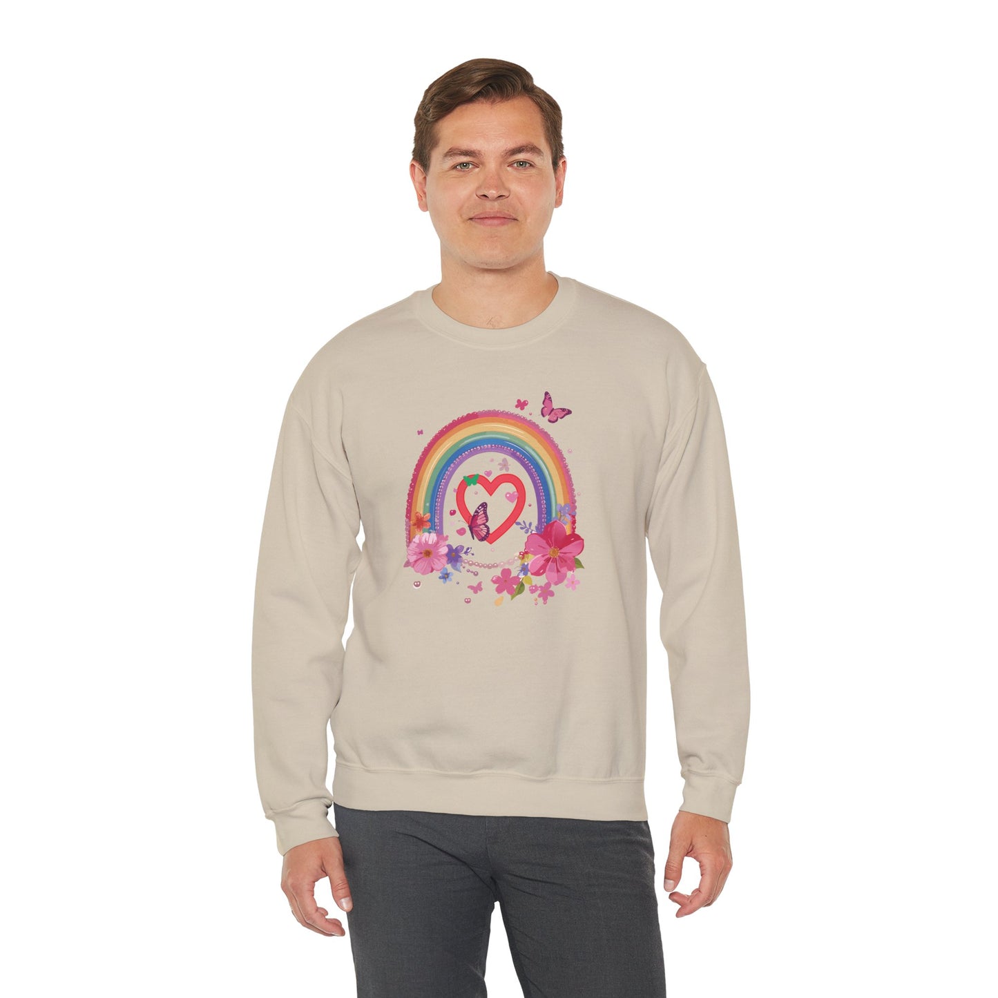Rainbow Heart Floral Sweatshirt For Valentines Day Unisex Crewneck Gildan 18000 Premium