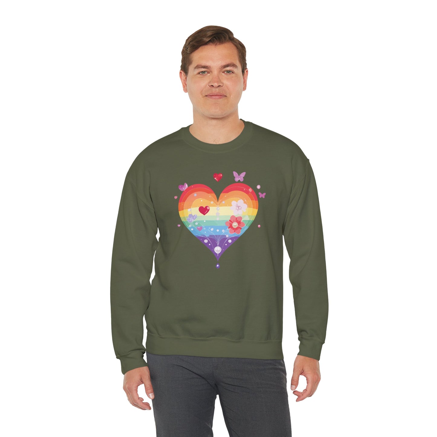 Rainbow Heart Floral Sweatshirt Unisex Valentines Day Graphic Love Sweatshirt Gift Idea