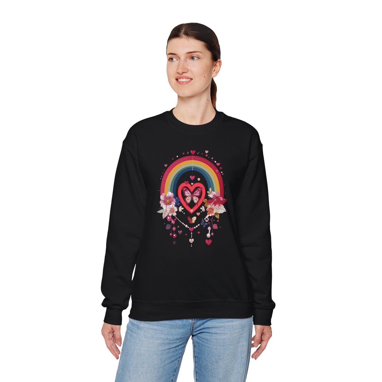 Rainbow Heart Floral Unisex Sweatshirt Crewneck Love Valentine's Day Graphic Gildan 18000