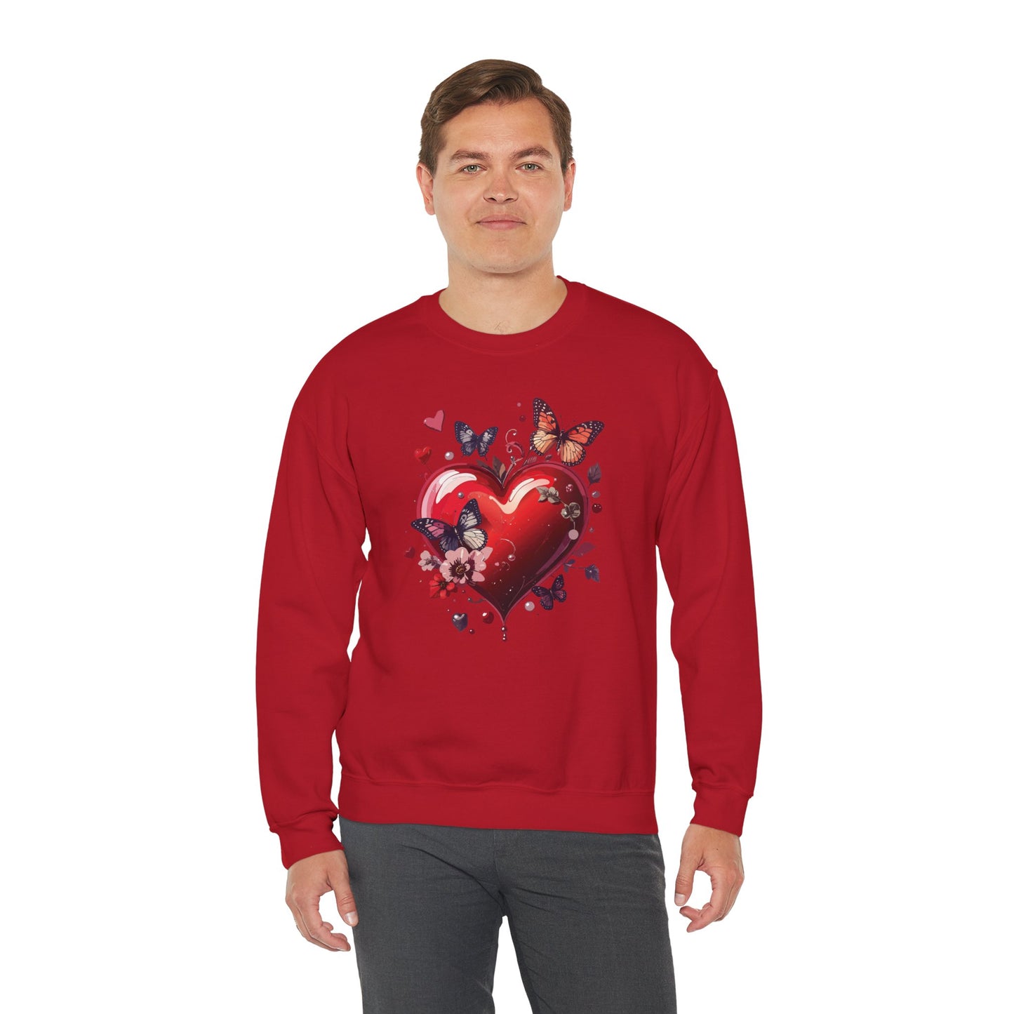 Unisex Heavy Blend Crewneck Sweatshirt Red Heart Floral Design Valentines Day Gift