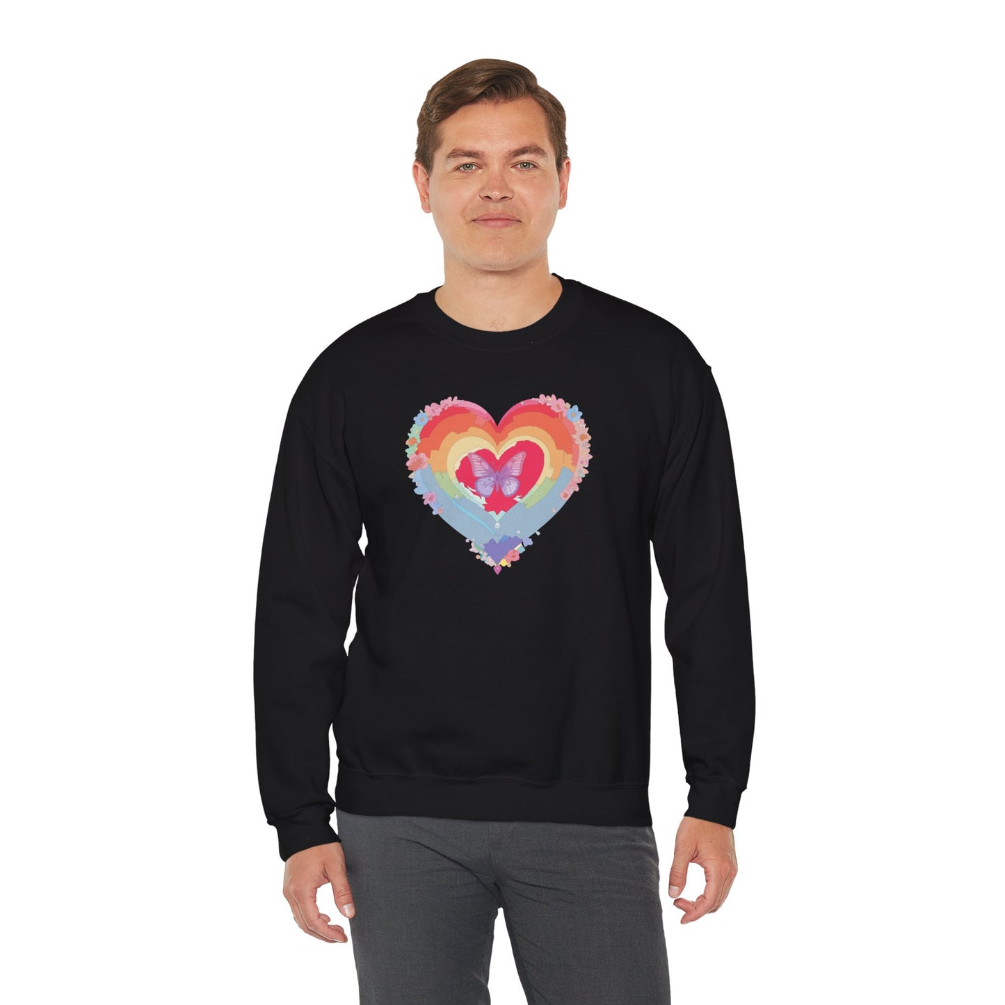 Rainbow Heart Floral Sweatshirt For Valentines Day Unisex Heavy Blend Crewneck Warm