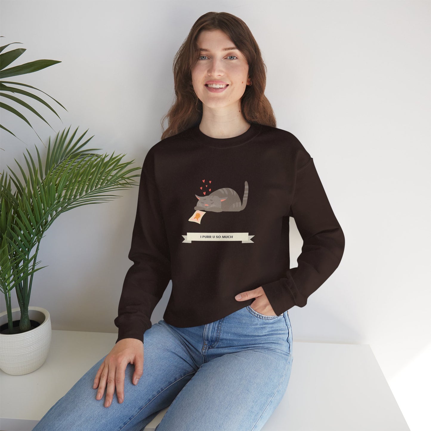 Cat Heart Sweatshirt Unisex 50/50 Cotton Poly Valentine Day Crewneck Gildan 18000