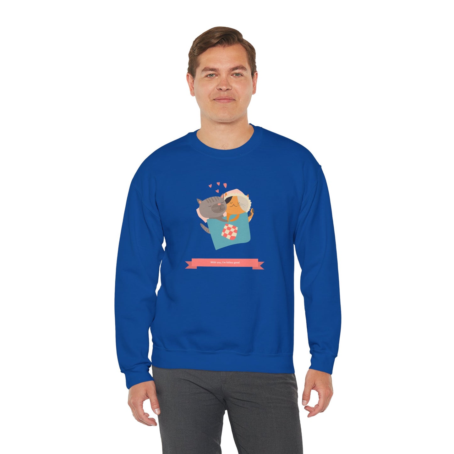 Cat Heart Sweatshirt Unisex Valentines Day 50 50 Cotton Poly Crewneck Gildan 18000