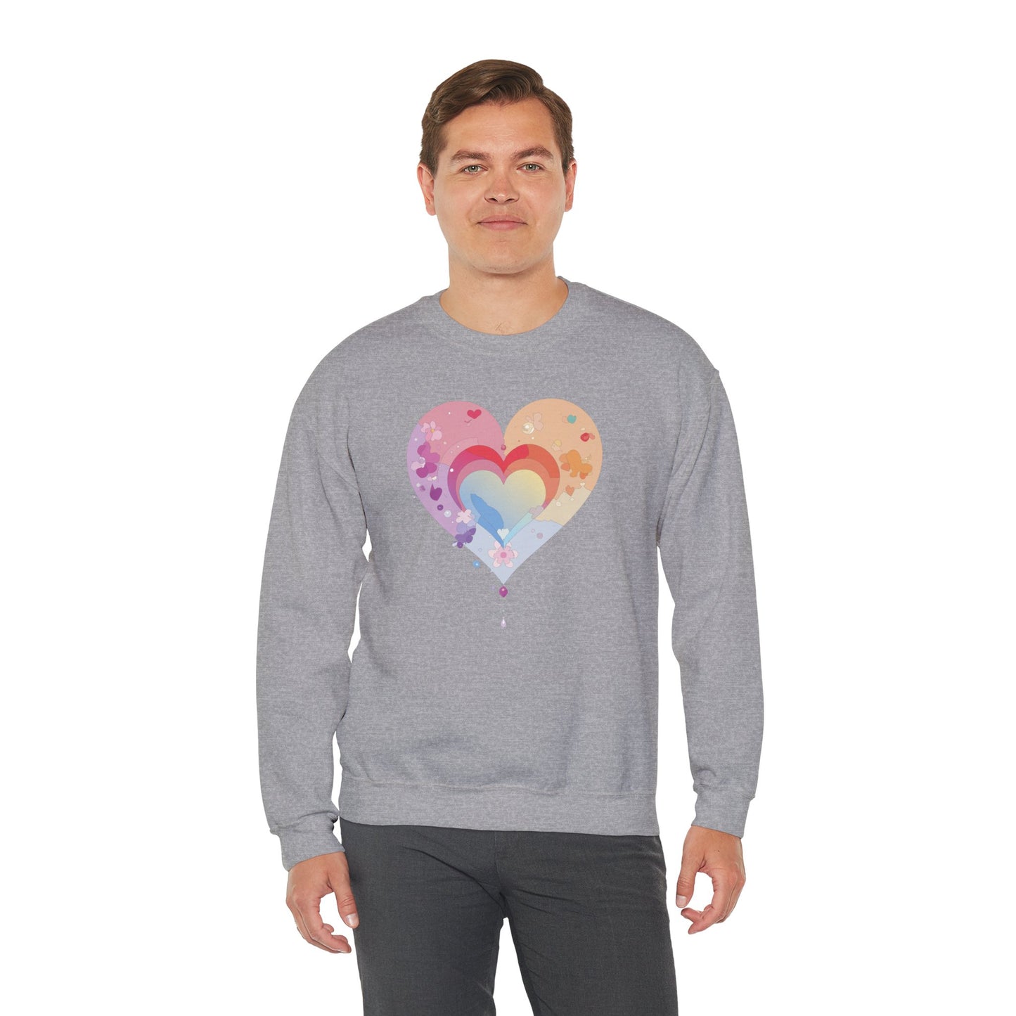 Rainbow Heart Floral Sweatshirt Unisex Valentines Day Gift Cozy Crewneck Sweatshirt