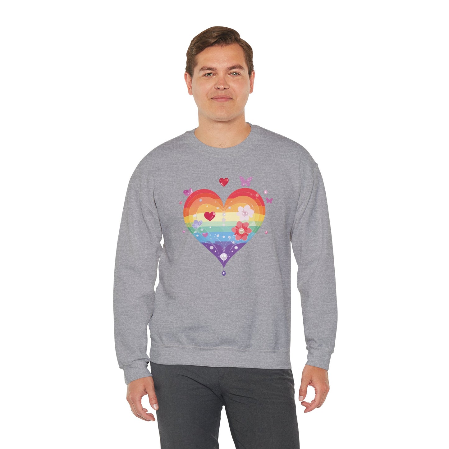 Rainbow Heart Floral Sweatshirt Unisex Valentines Day Graphic Love Sweatshirt Gift Idea