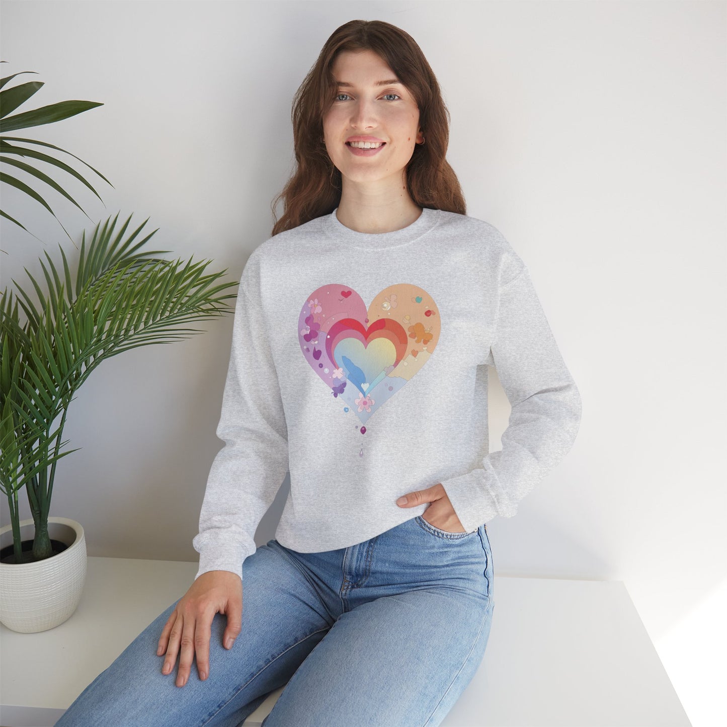 Rainbow Heart Floral Sweatshirt Unisex Valentines Day Gift Cozy Crewneck Sweatshirt