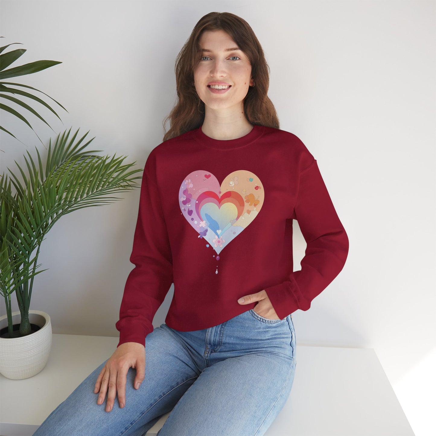 Rainbow Heart Floral Sweatshirt Unisex Valentines Day Gift Cozy Crewneck Sweatshirt