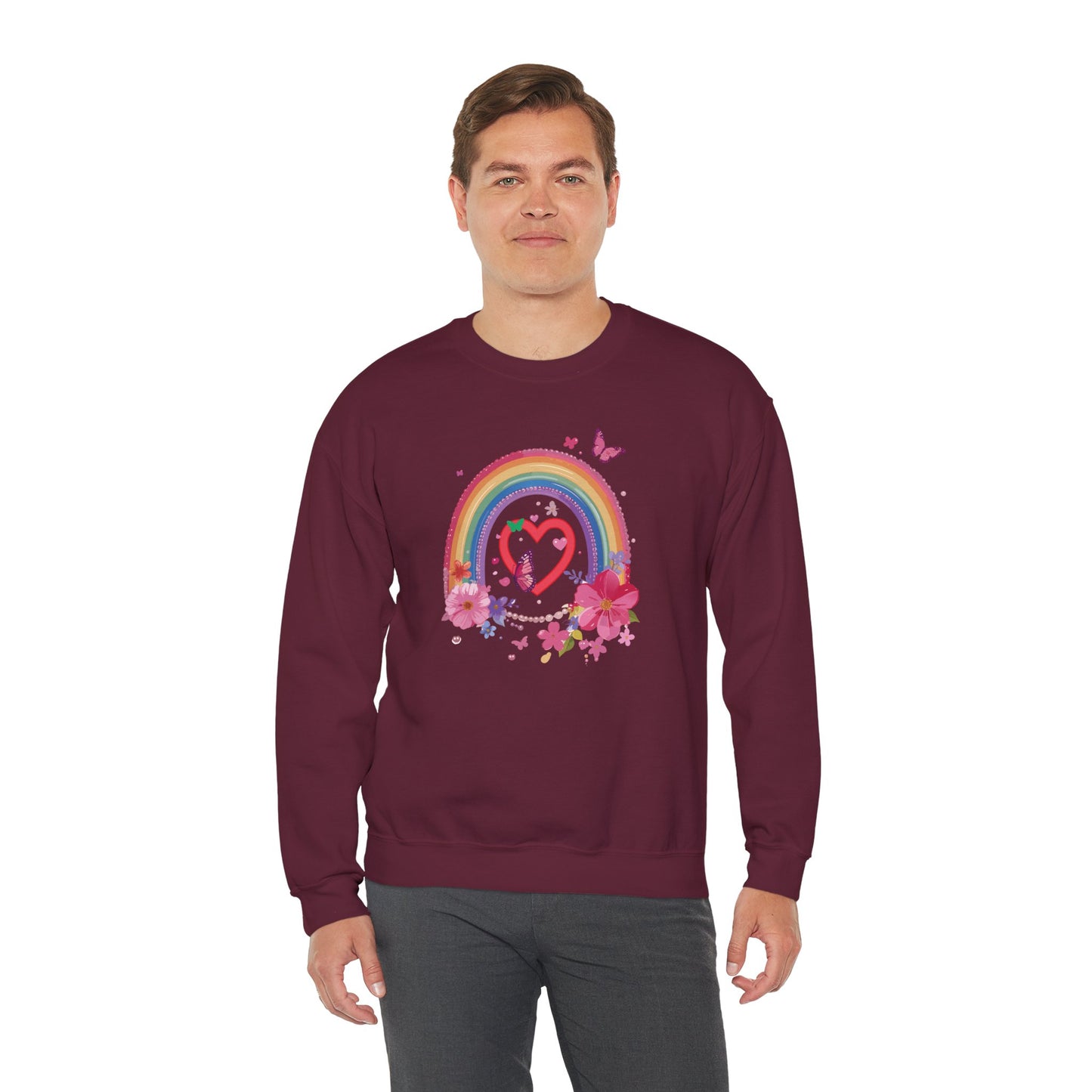 Rainbow Heart Floral Sweatshirt For Valentines Day Unisex Crewneck Gildan 18000 Premium