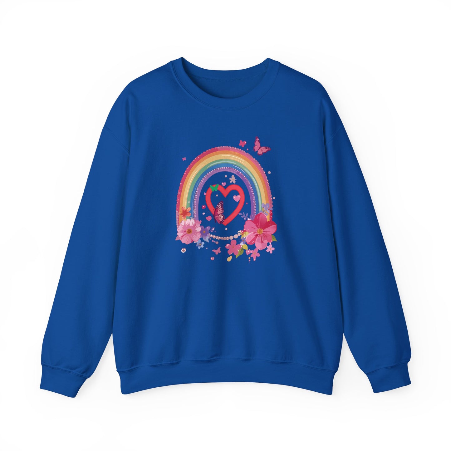 Rainbow Heart Floral Sweatshirt For Valentines Day Unisex Crewneck Gildan 18000 Premium