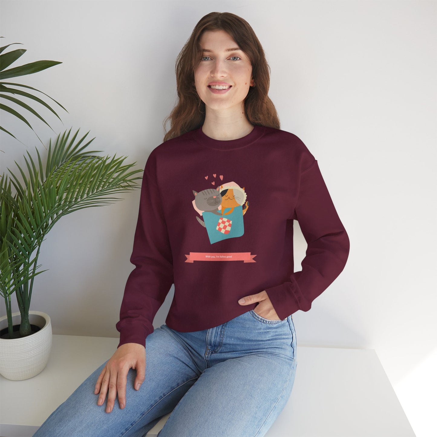 Cat Heart Sweatshirt Unisex Valentines Day 50 50 Cotton Poly Crewneck Gildan 18000