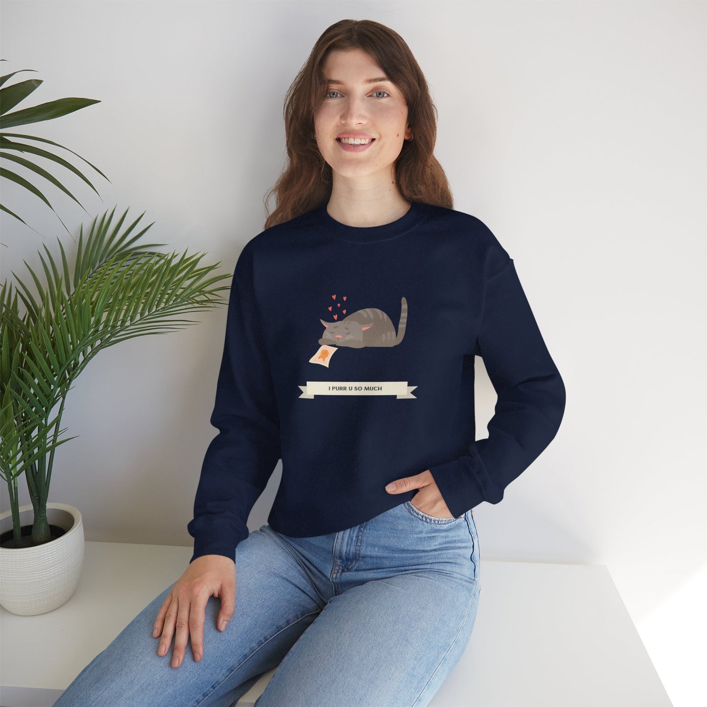 Cat Heart Sweatshirt Unisex 50/50 Cotton Poly Valentine Day Crewneck Gildan 18000