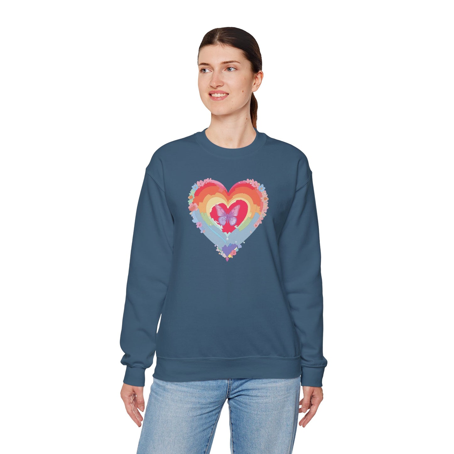 Rainbow Heart Floral Sweatshirt For Valentines Day Unisex Heavy Blend Crewneck Warm