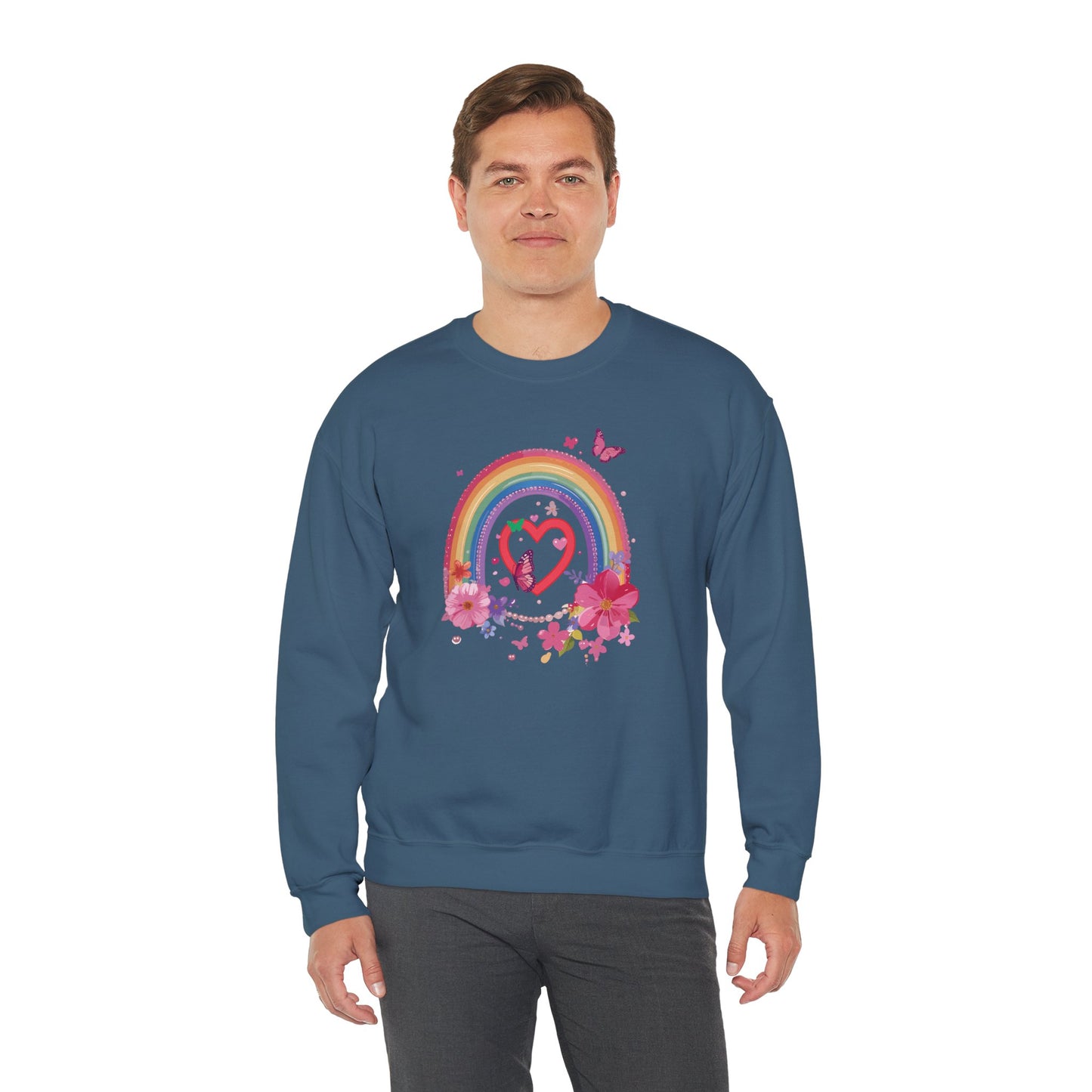 Rainbow Heart Floral Sweatshirt For Valentines Day Unisex Crewneck Gildan 18000 Premium