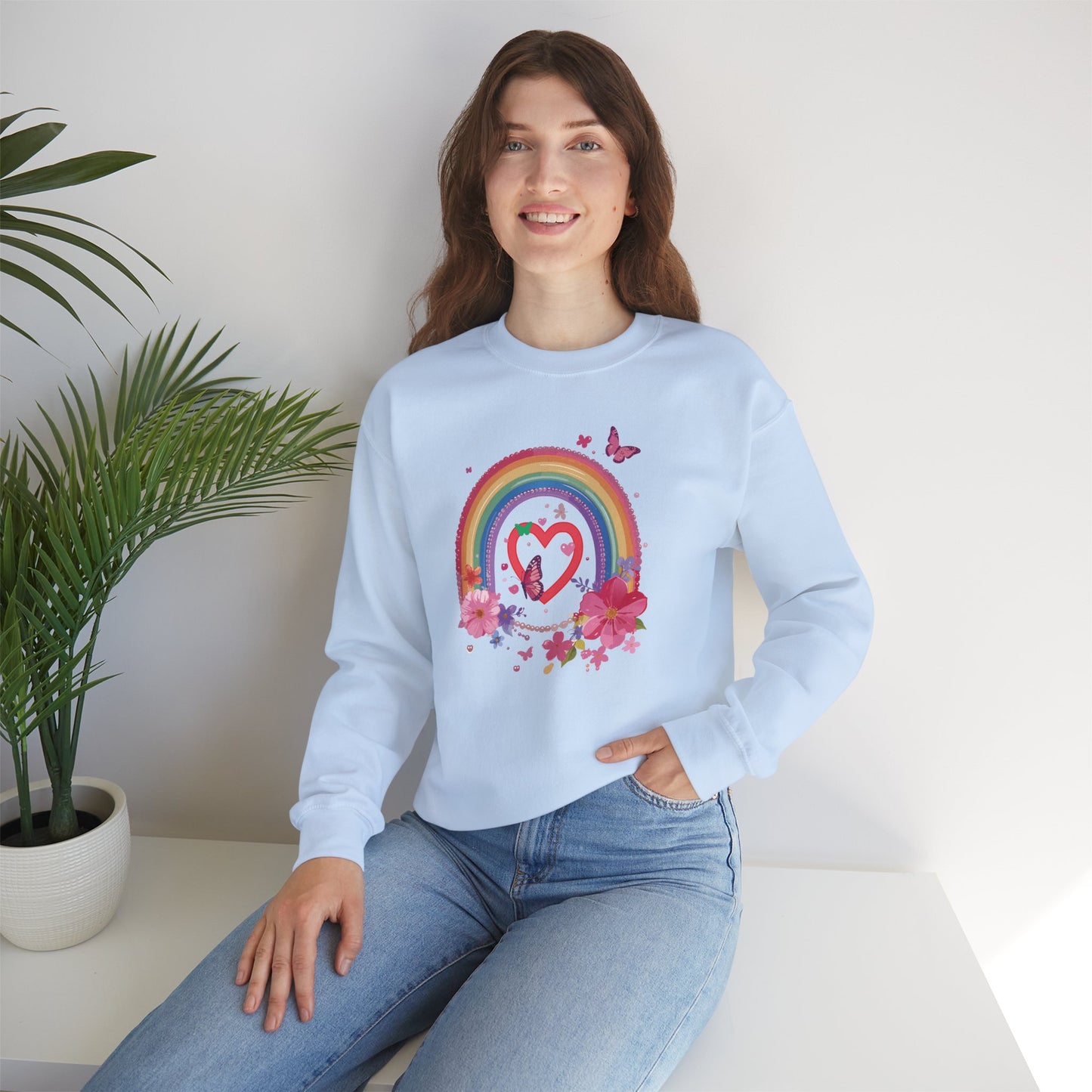 Rainbow Heart Floral Sweatshirt For Valentines Day Unisex Crewneck Gildan 18000 Premium