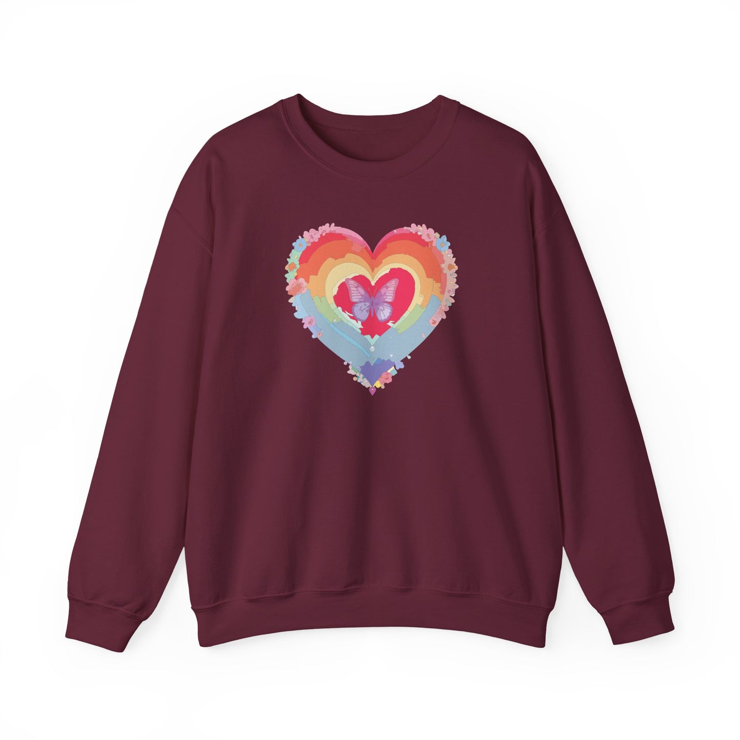 Rainbow Heart Floral Sweatshirt For Valentines Day Unisex Heavy Blend Crewneck Warm