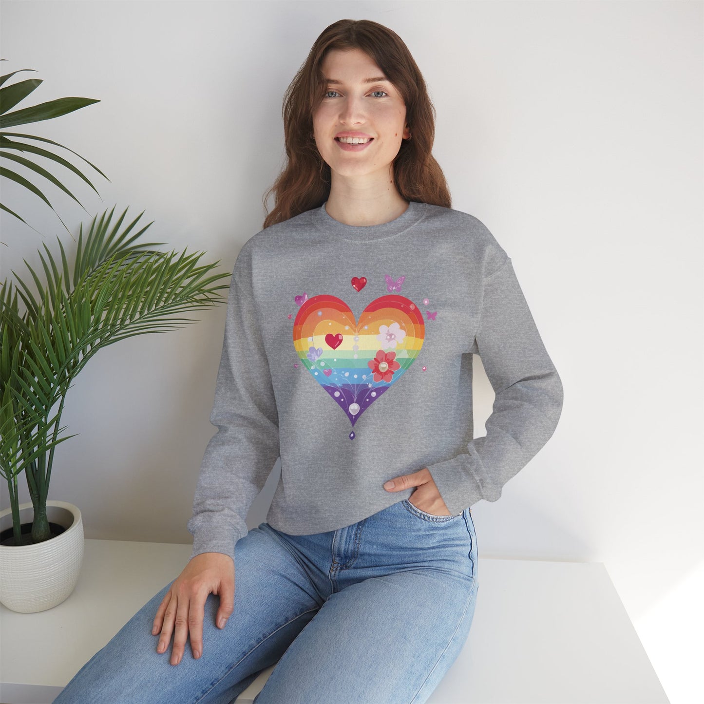 Rainbow Heart Floral Sweatshirt Unisex Valentines Day Graphic Love Sweatshirt Gift Idea