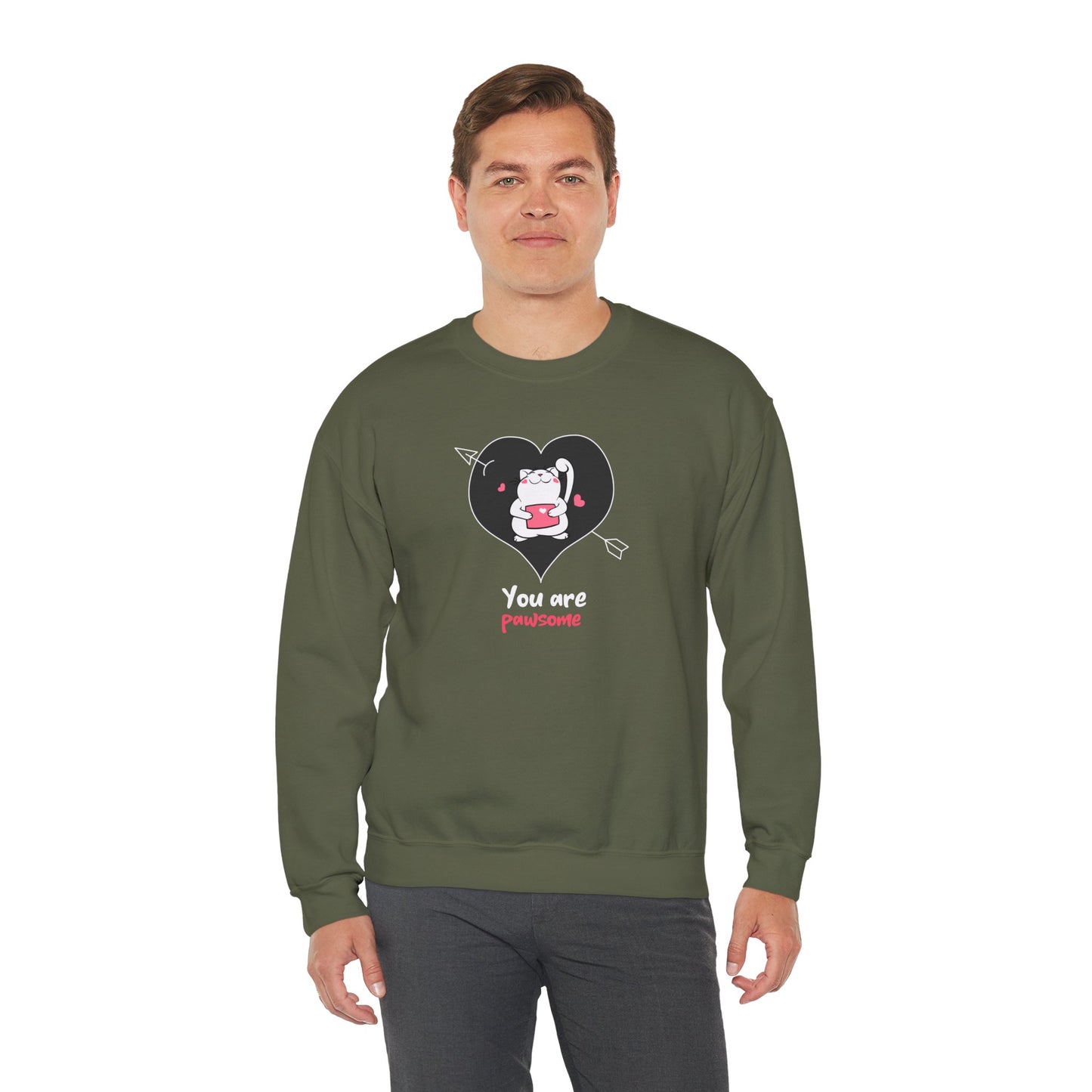 Cat Heart Sweatshirt Unisex Valentines Day Fifty Fifty Cotton Poly Crewneck Gildan 18000