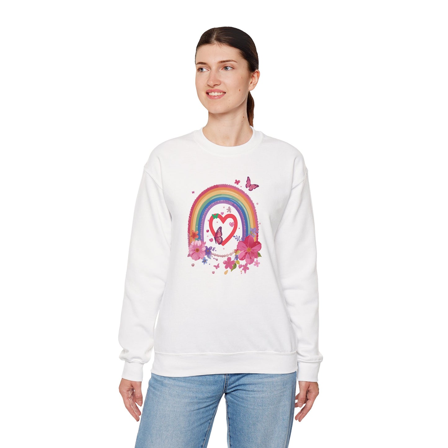 Rainbow Heart Floral Sweatshirt For Valentines Day Unisex Crewneck Gildan 18000 Premium