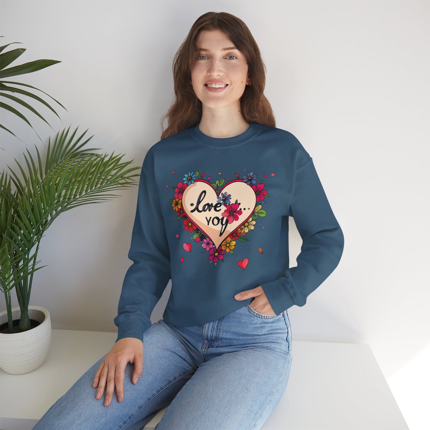 Floral Heart Love Sweatshirt Floral Heart Valentines Day Unisex Crewneck Fifty Fifty Cotton Polyester
