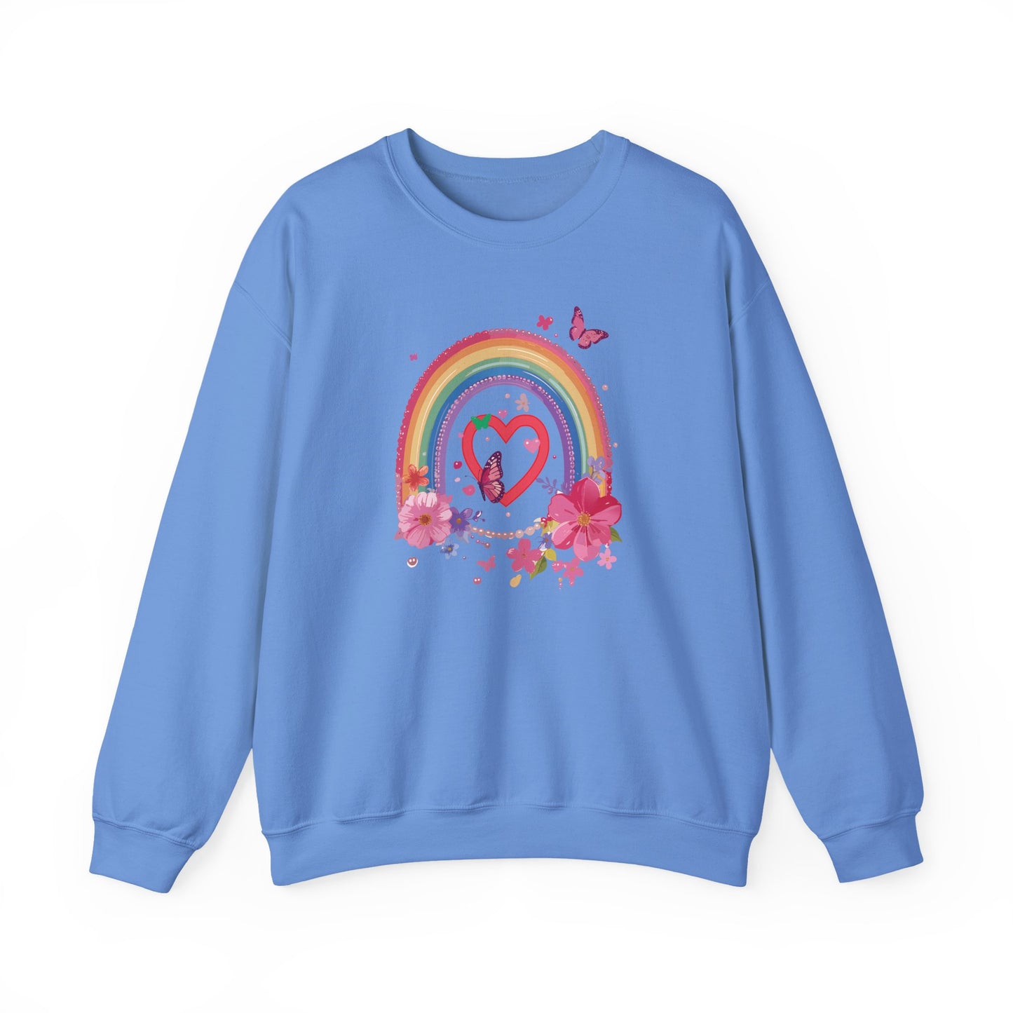 Rainbow Heart Floral Sweatshirt For Valentines Day Unisex Crewneck Gildan 18000 Premium