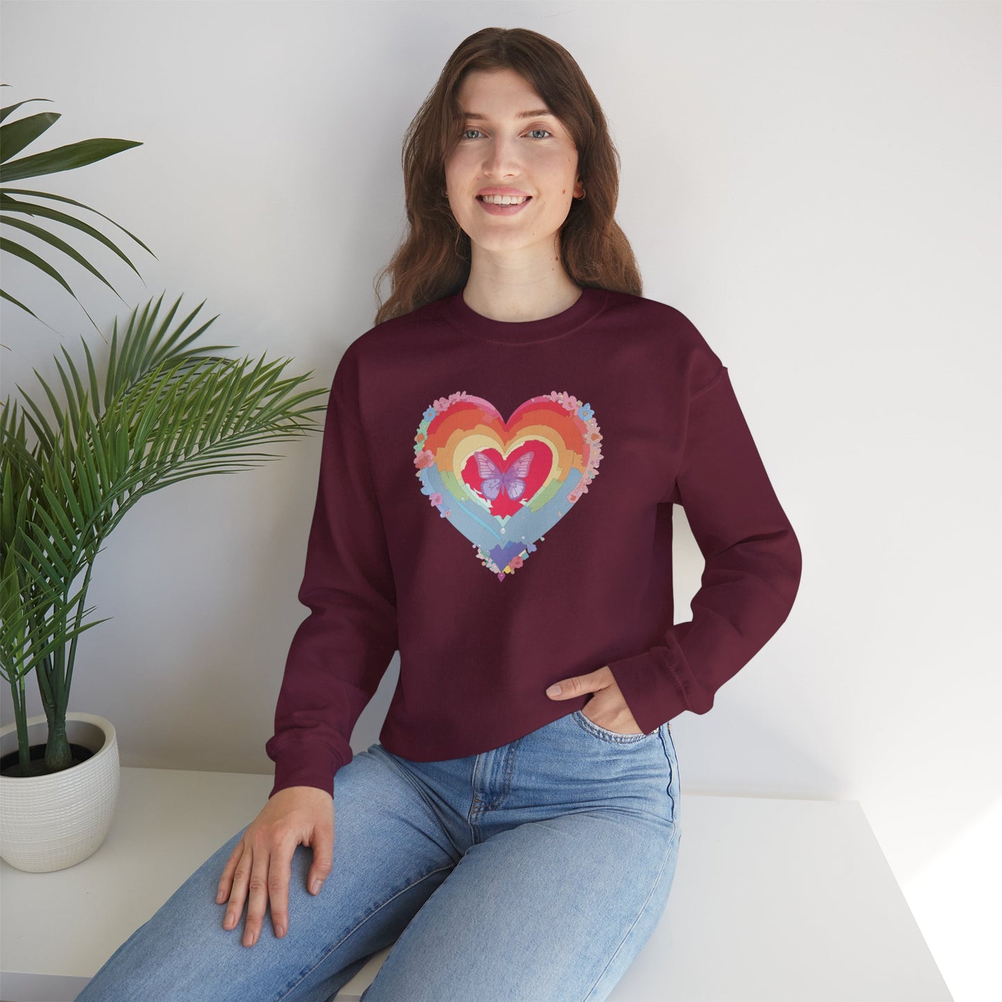 Rainbow Heart Floral Sweatshirt For Valentines Day Unisex Heavy Blend Crewneck Warm