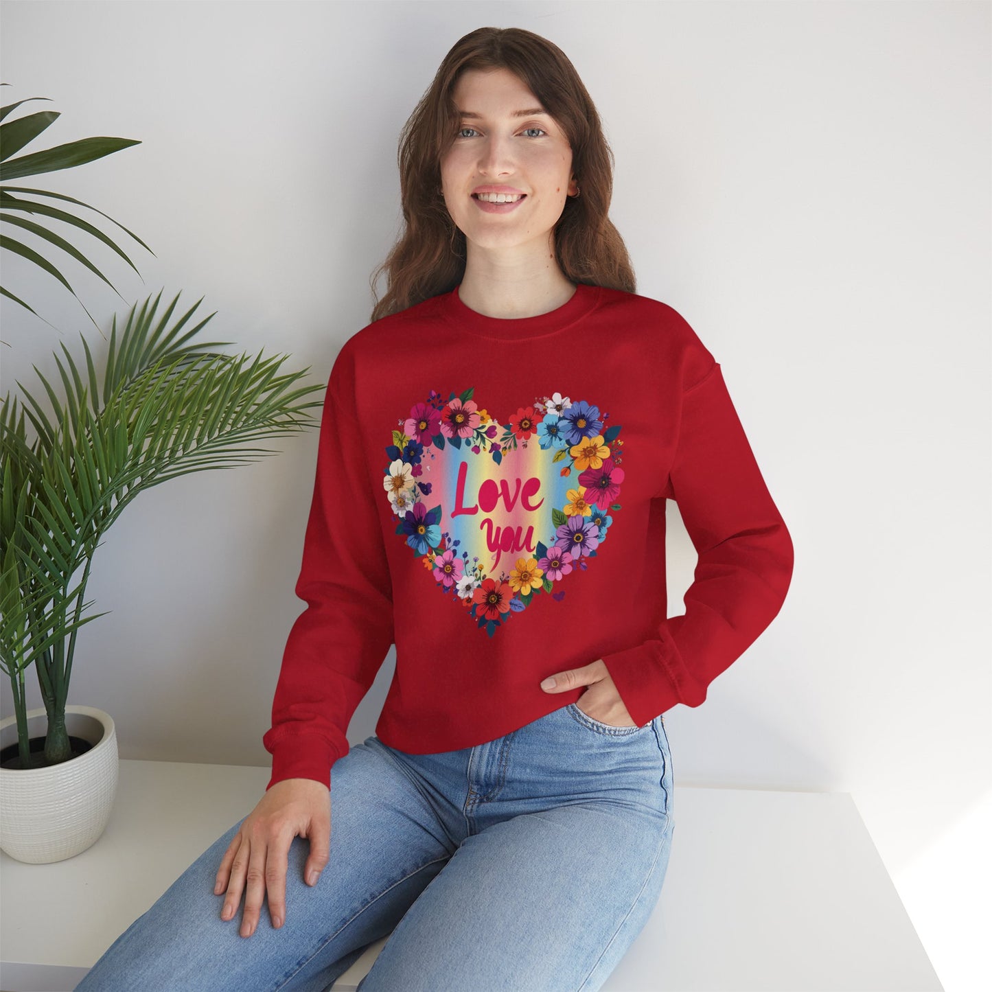 Valentines Day Floral Heart Sweatshirt Unisex Crewneck Floral Love You Gildan 18000 Heavy Blend