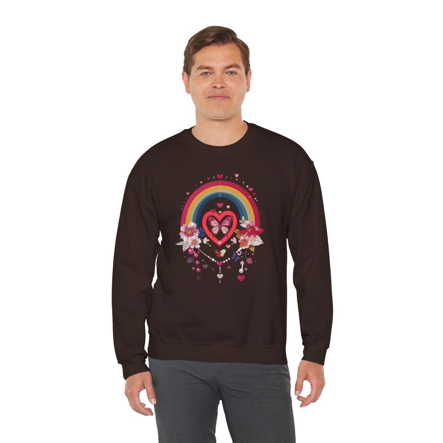 Rainbow Heart Floral Unisex Sweatshirt Crewneck Love Valentine's Day Graphic Gildan 18000