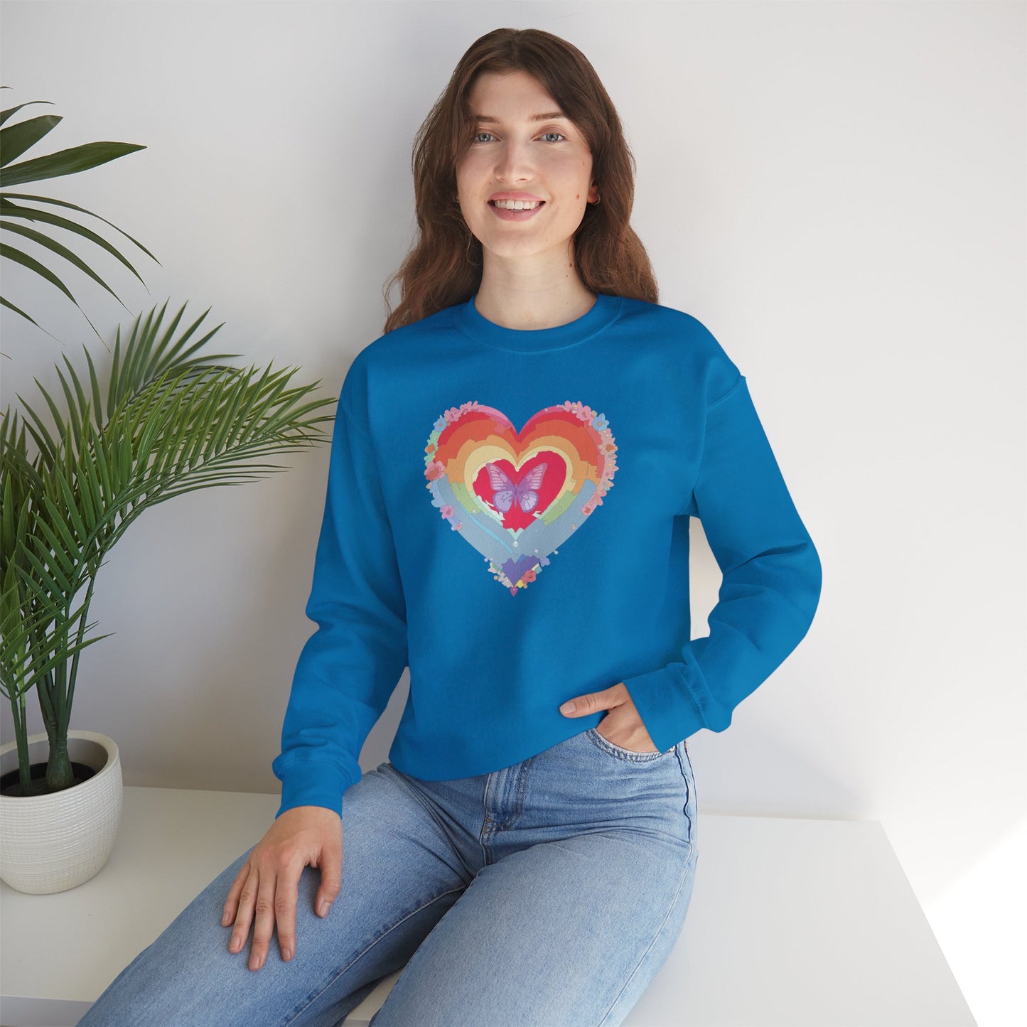 Rainbow Heart Floral Sweatshirt For Valentines Day Unisex Heavy Blend Crewneck Warm