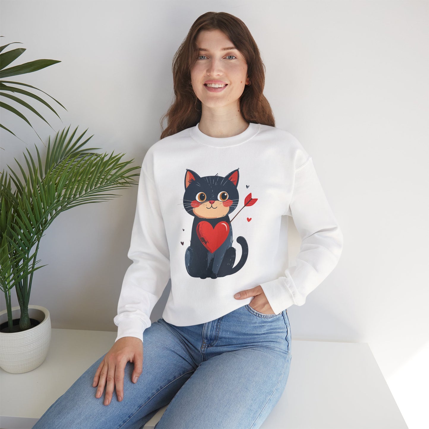 Cat Heart Sweatshirt Unisex Valentines Day Fifty Fifty Cotton Poly 8 Oz Heavy Blend