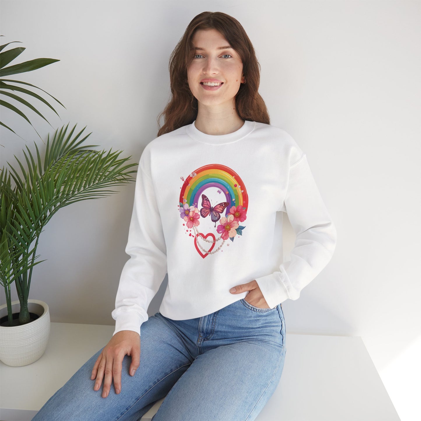Rainbow Heart Floral Sweatshirt Unisex Valentines Day Love Gift Gildan 18000 Sweatshirt