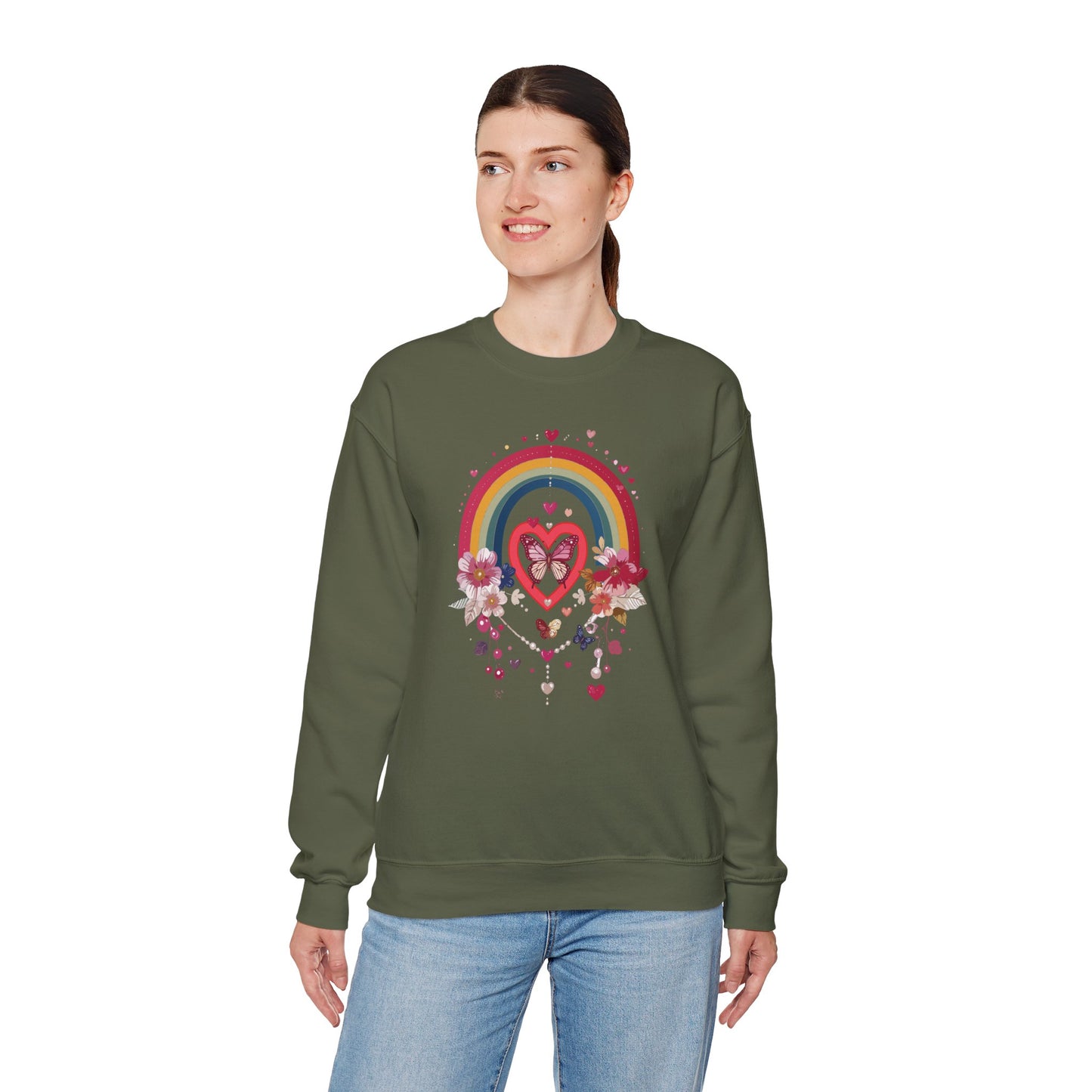 Rainbow Heart Floral Unisex Sweatshirt Crewneck Love Valentine's Day Graphic Gildan 18000