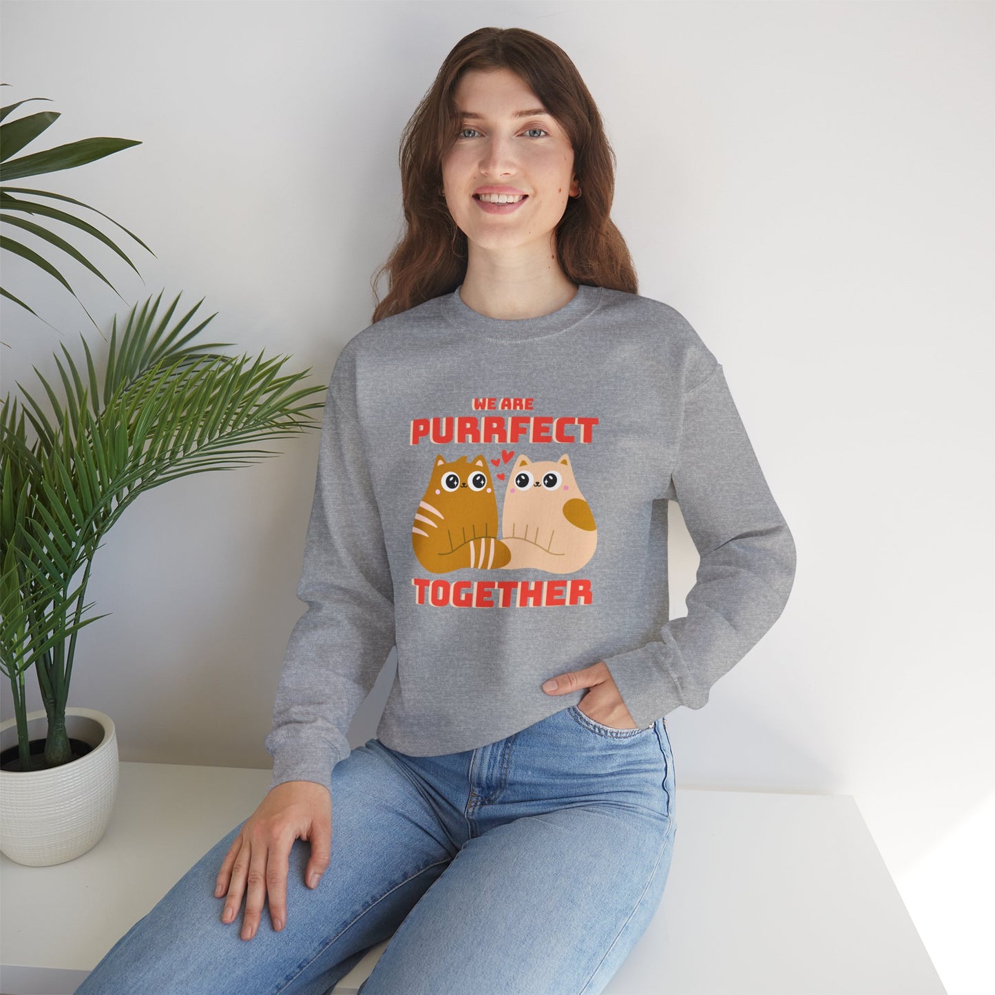 Cat Heart Sweatshirt Unisex 50/50 Cotton-Poly Blend Valentine Gift For Cat Lovers