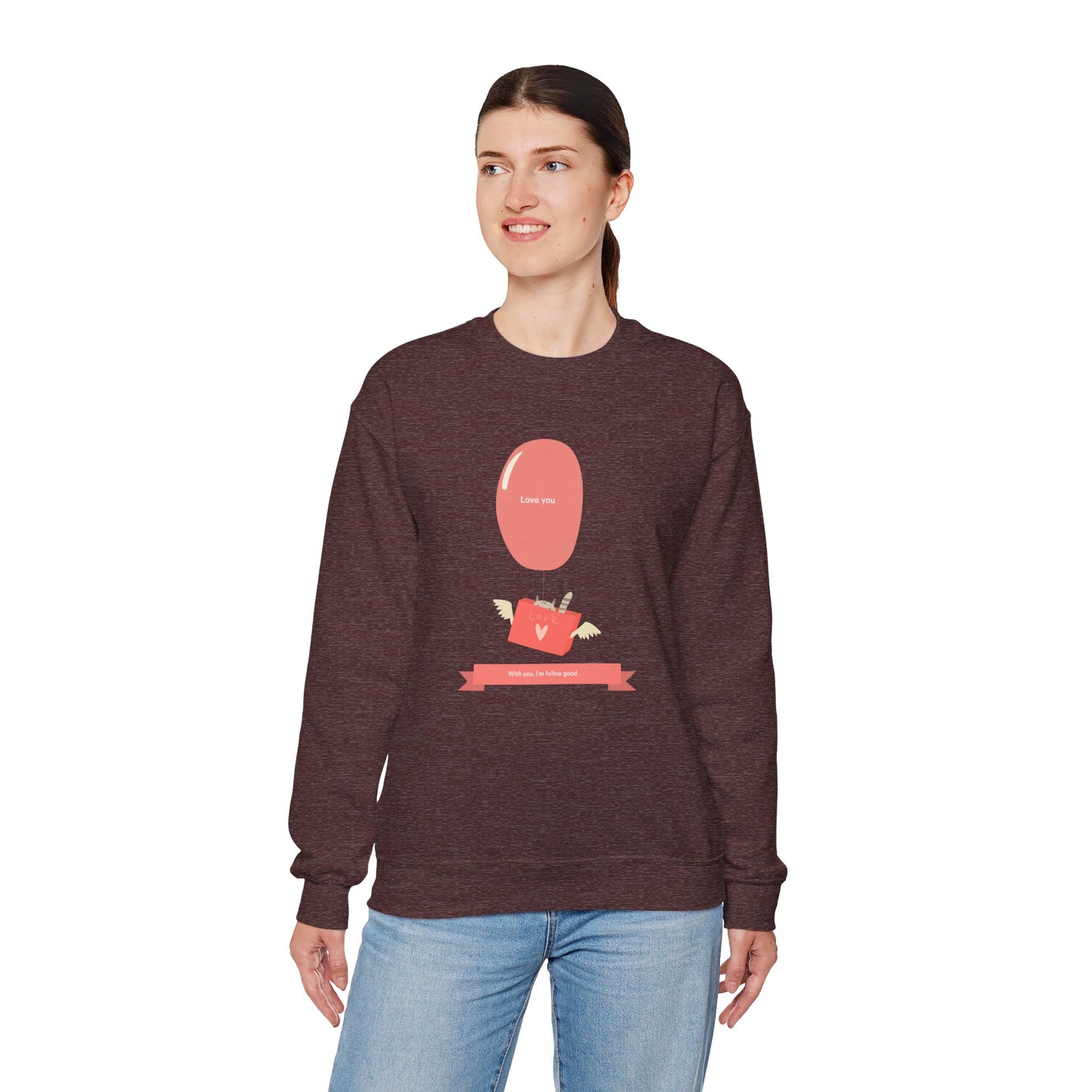 Cat Love Balloon Sweatshirt Unisex Fifty Fifty Cotton Poly Valentine Heavy Blend Crewneck Sweatshirt
