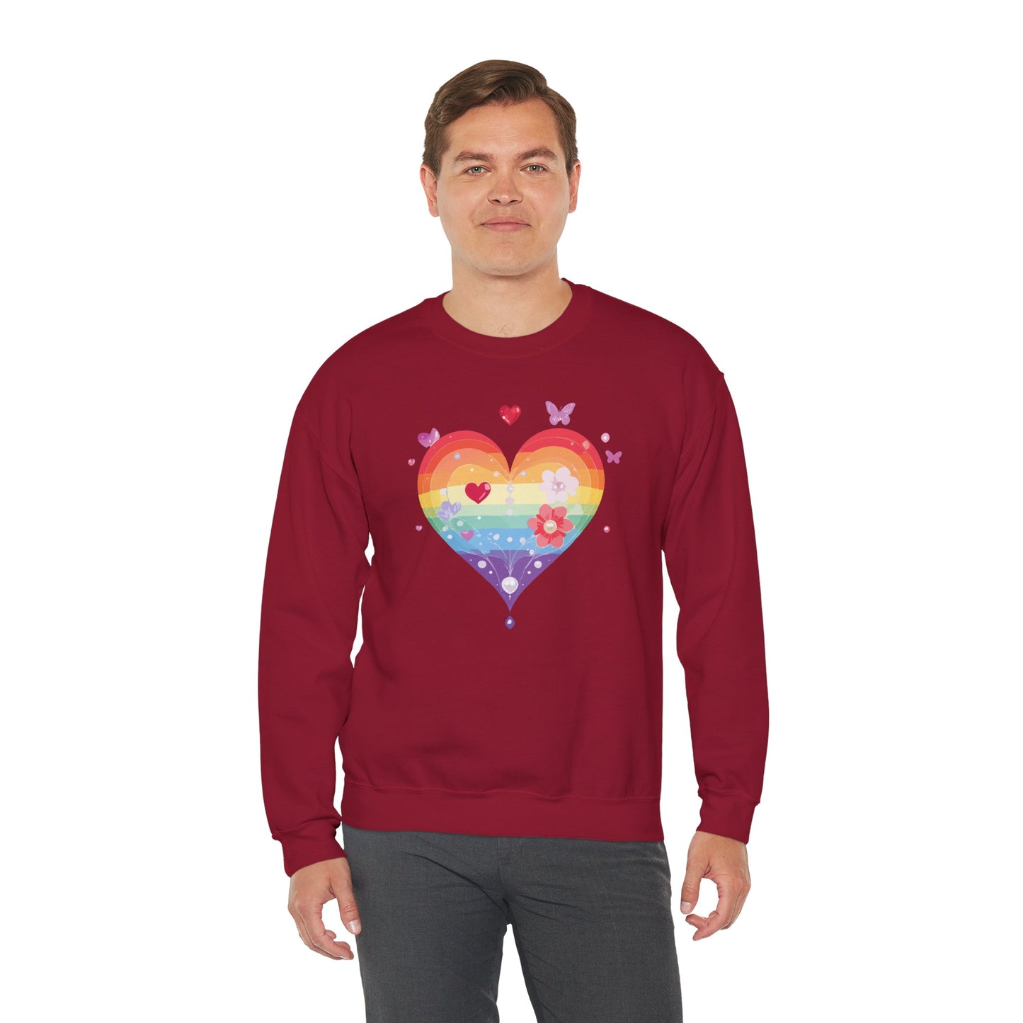 Rainbow Heart Floral Sweatshirt Unisex Valentines Day Graphic Love Sweatshirt Gift Idea