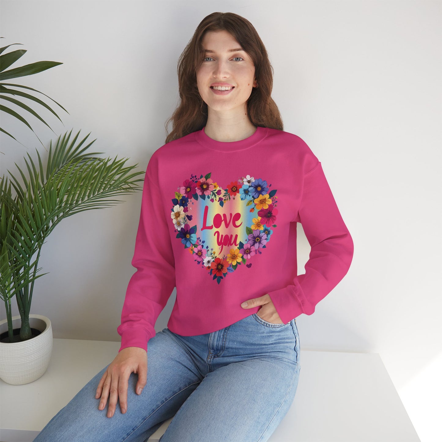Valentines Day Floral Heart Sweatshirt Unisex Crewneck Floral Love You Gildan 18000 Heavy Blend