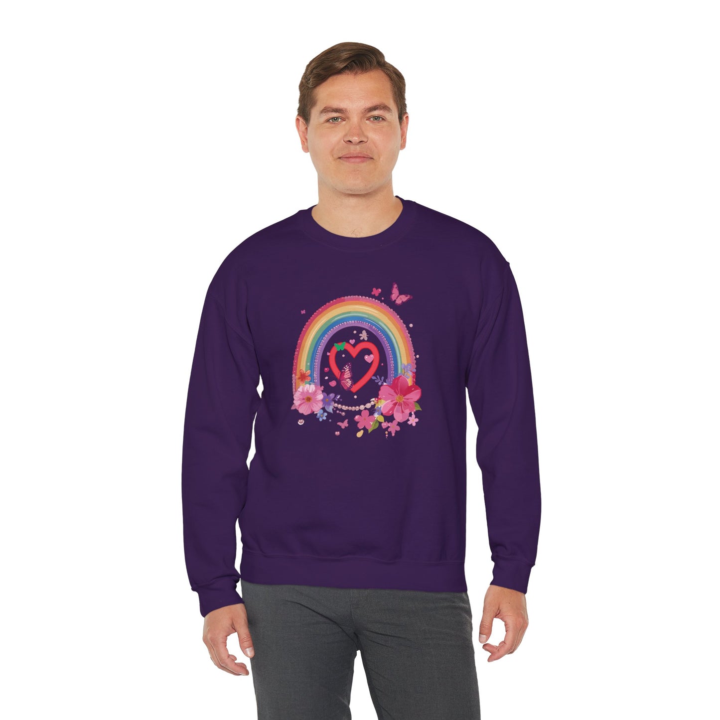 Rainbow Heart Floral Sweatshirt For Valentines Day Unisex Crewneck Gildan 18000 Premium