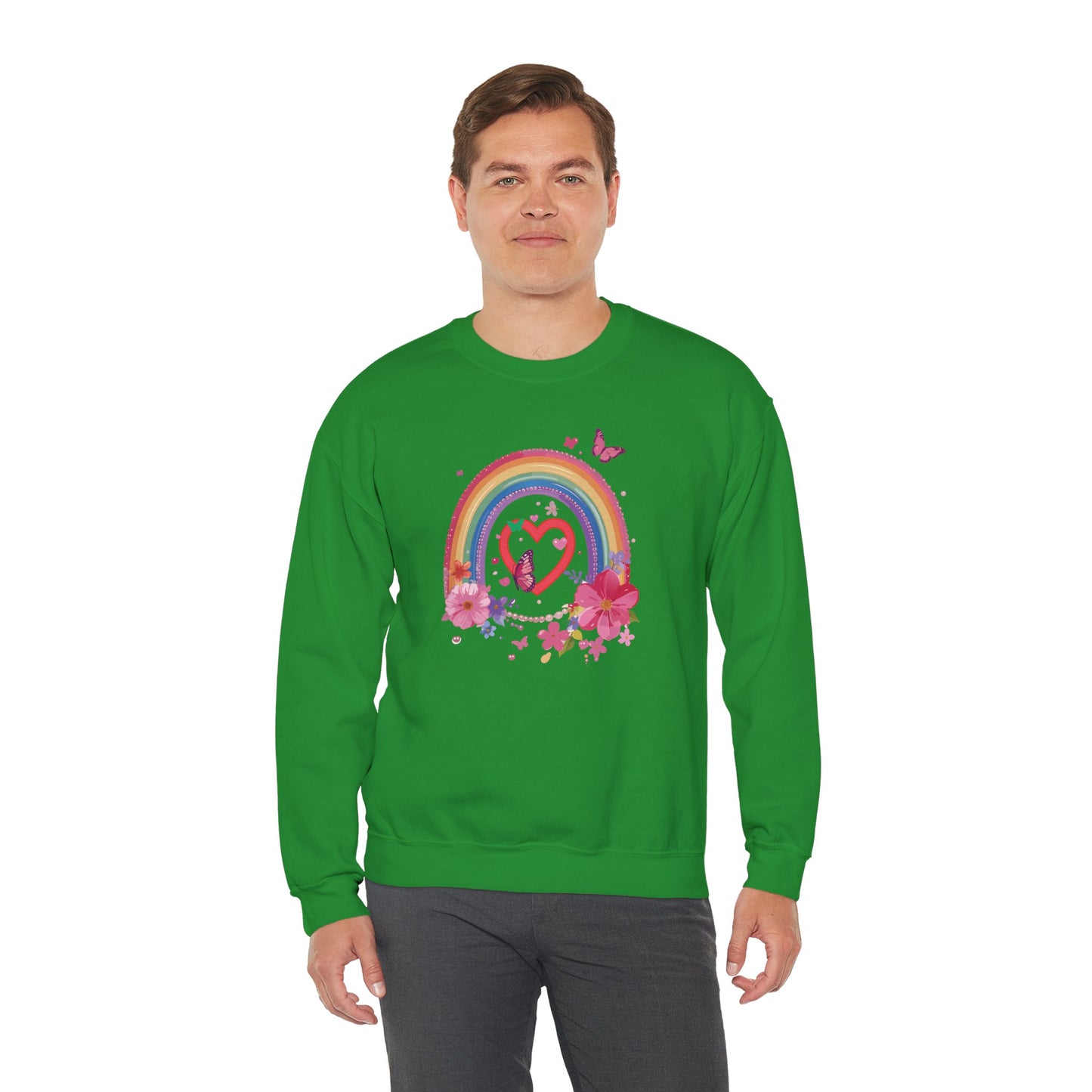 Rainbow Heart Floral Sweatshirt For Valentines Day Unisex Crewneck Gildan 18000 Premium