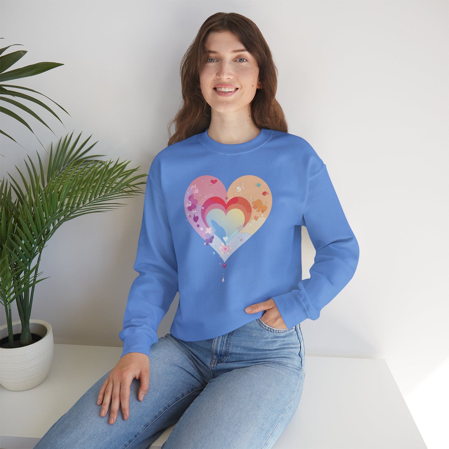 Rainbow Heart Floral Sweatshirt Unisex Valentines Day Gift Cozy Crewneck Sweatshirt