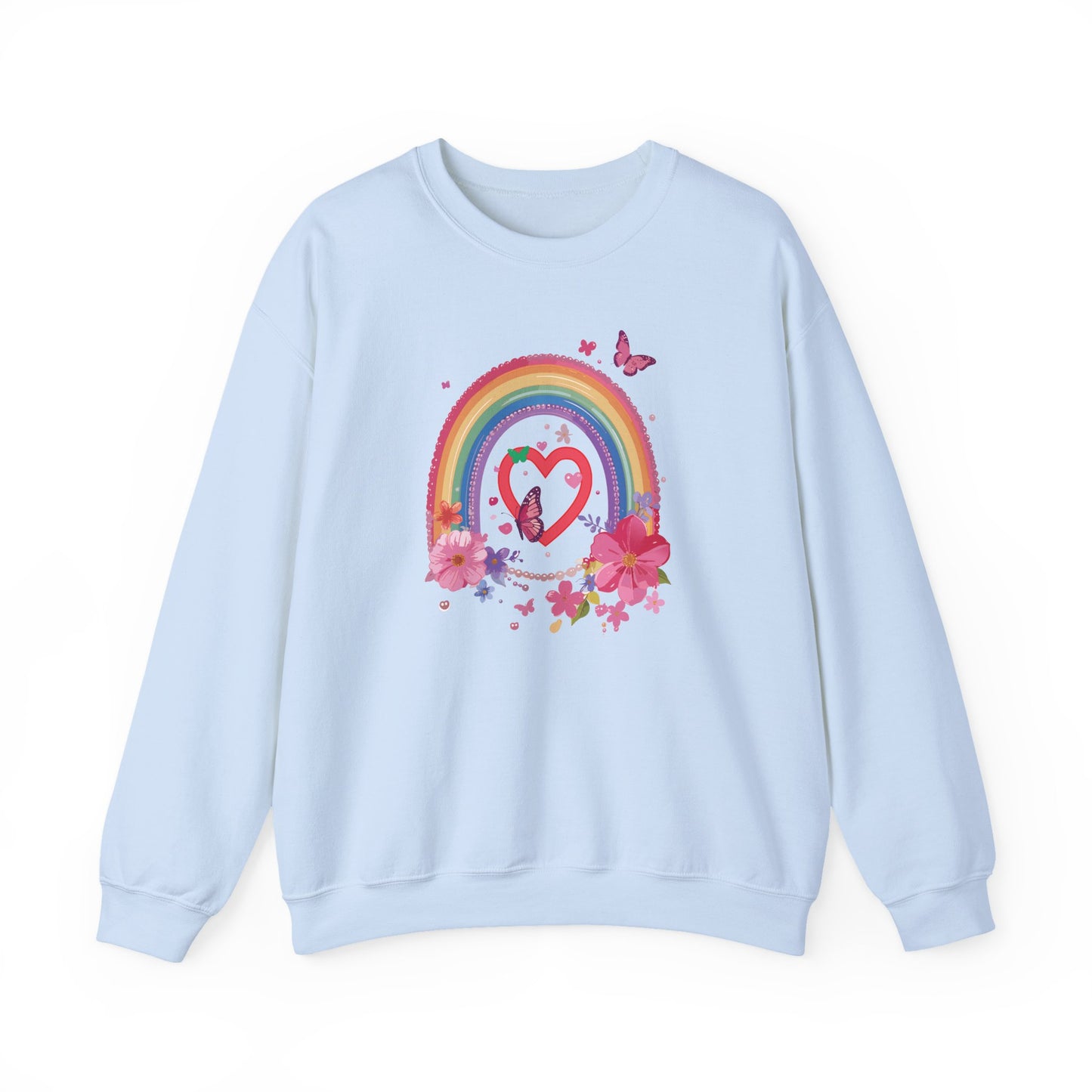 Rainbow Heart Floral Sweatshirt For Valentines Day Unisex Crewneck Gildan 18000 Premium