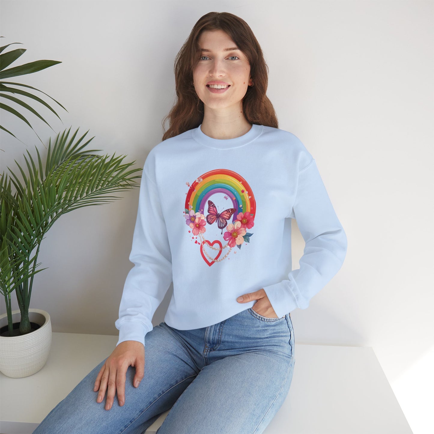 Rainbow Heart Floral Sweatshirt Unisex Valentines Day Love Gift Gildan 18000 Sweatshirt