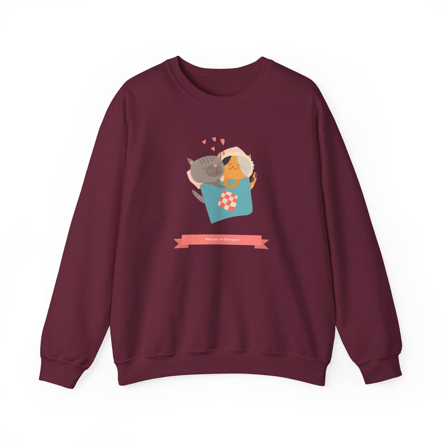 Cat Heart Sweatshirt Unisex Valentines Day 50 50 Cotton Poly Crewneck Gildan 18000