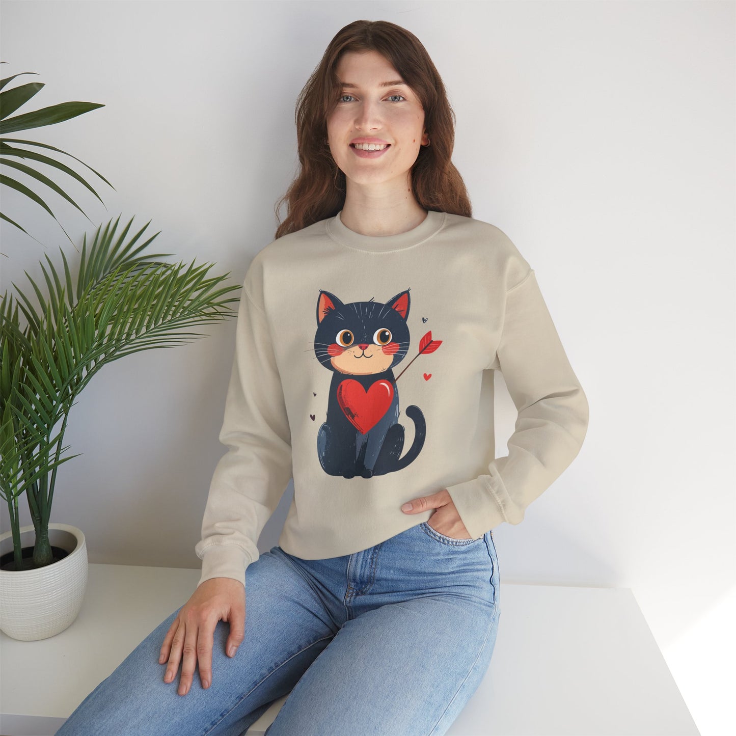 Cat Heart Sweatshirt Unisex Valentines Day Fifty Fifty Cotton Poly 8 Oz Heavy Blend